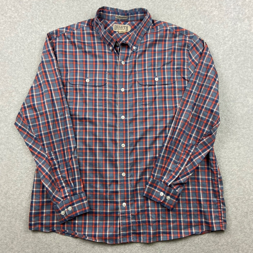Duluth Trading Shirt Mens XL Untucked Utility Blue Red Plaid Button Long Sleeve